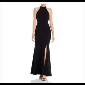 Aqua Black Exposed Back Halter Neck Evening Gown Dress
